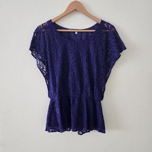 BNWOT Plenty Collective Concepts Purple Peplum Blouse with Lace Cap Sleeves
